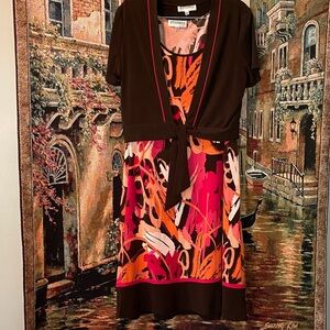 Studio I Vibrant Brown and Pink Dress with Removable Cardigan.